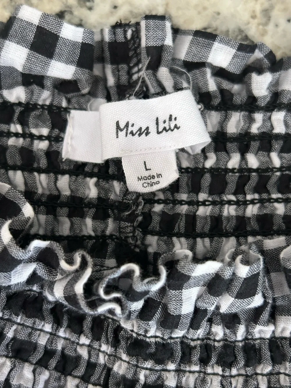 Miss Lili Boho Black White Gingham Off Shoulder Embroidered Peasant Blouse Sz L - Picture 5 of 9